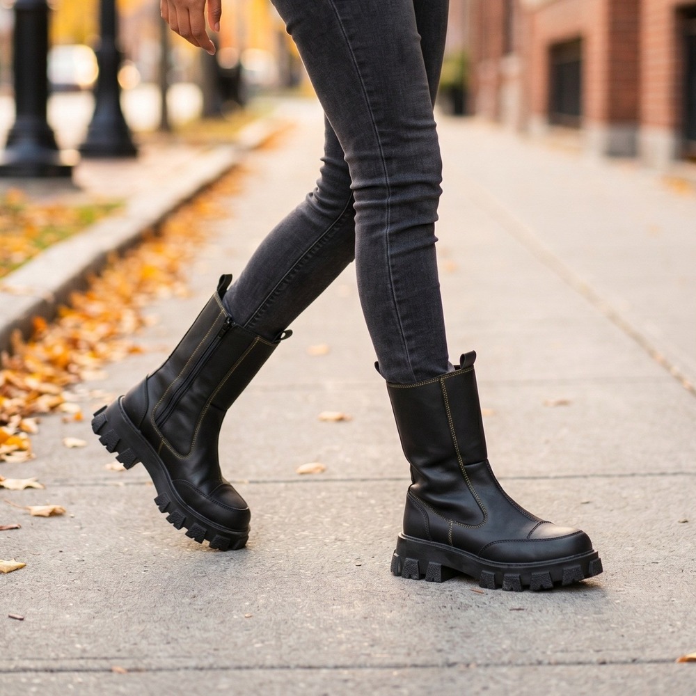 PrettyLittleThing Black Chunky Platform Boots Yellow Stitch 8 Grunge Utility Y2K